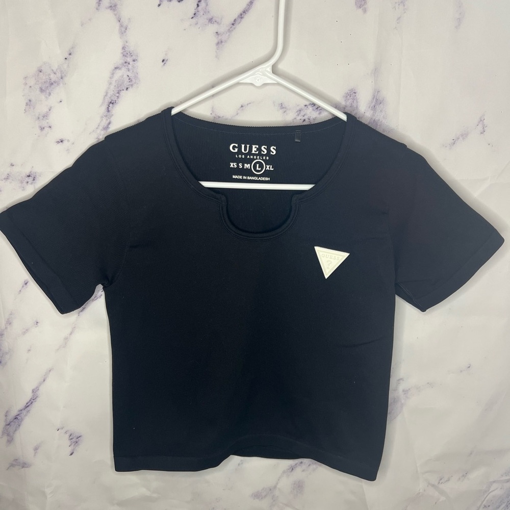 GUESS Women’s Black lined Crop Top with White Logo Accent Sz L